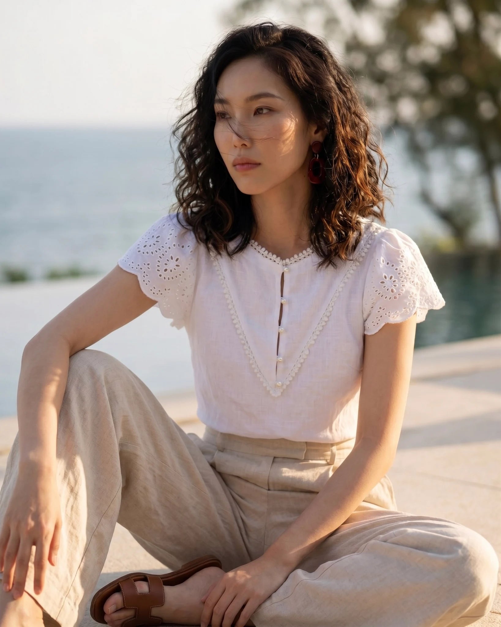 Áo linen trắng phối ren thời trang Hity