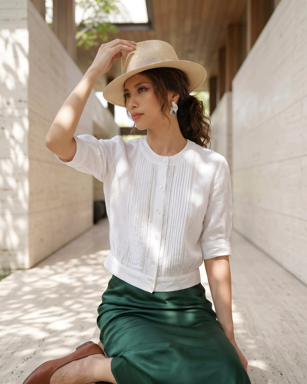 Áo linen trắng công sở vintage thời trang Hity