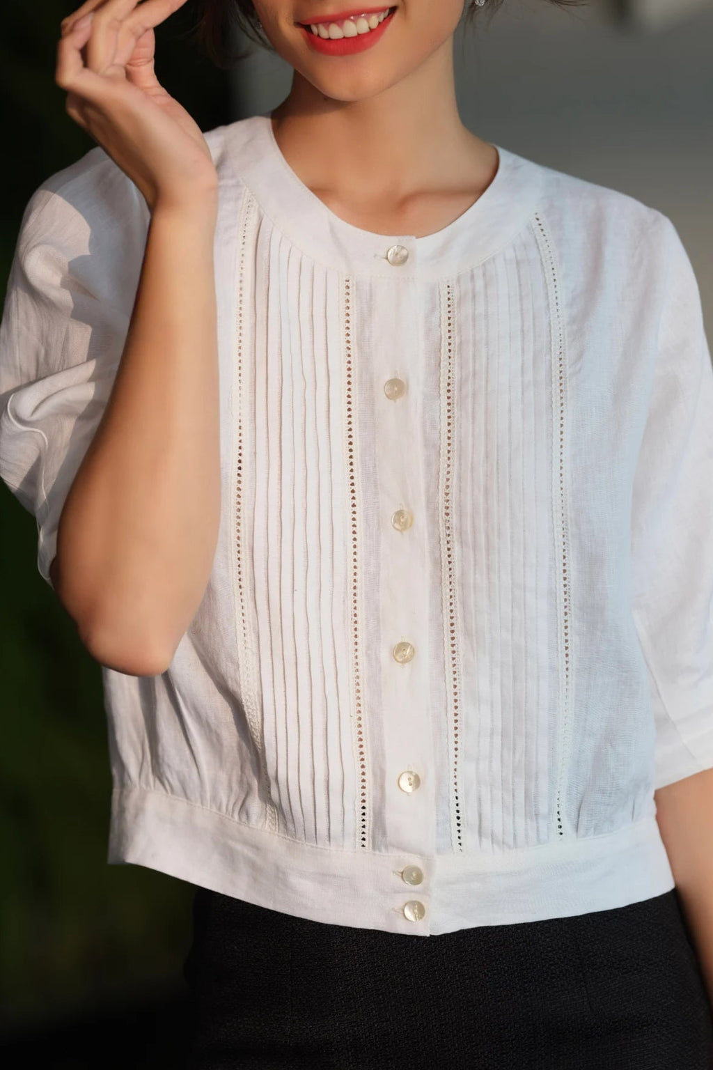 Áo linen trắng công sở vintage thời trang Hity