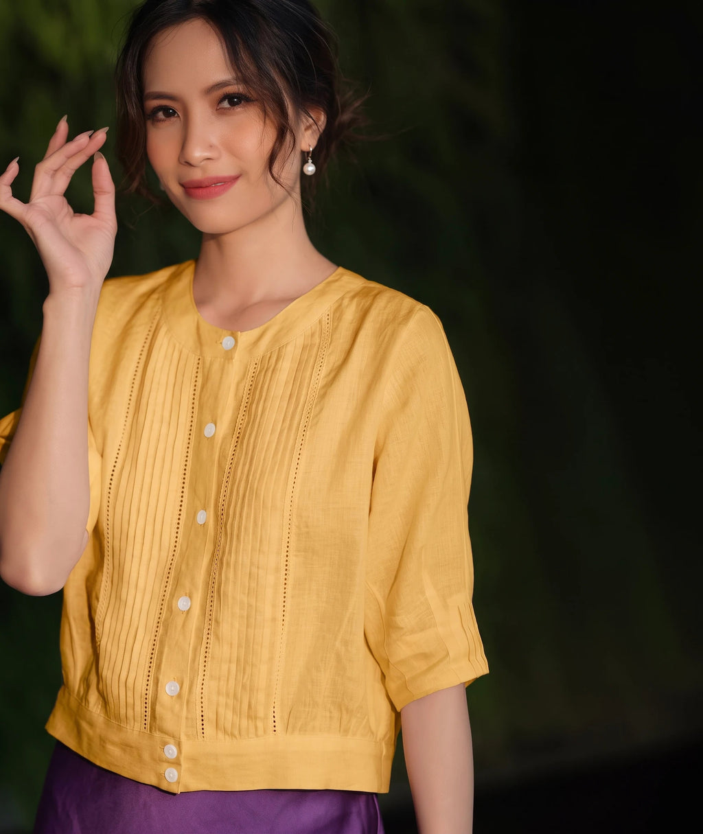 Áo linen vàng phong cách vintage thời trang Hity