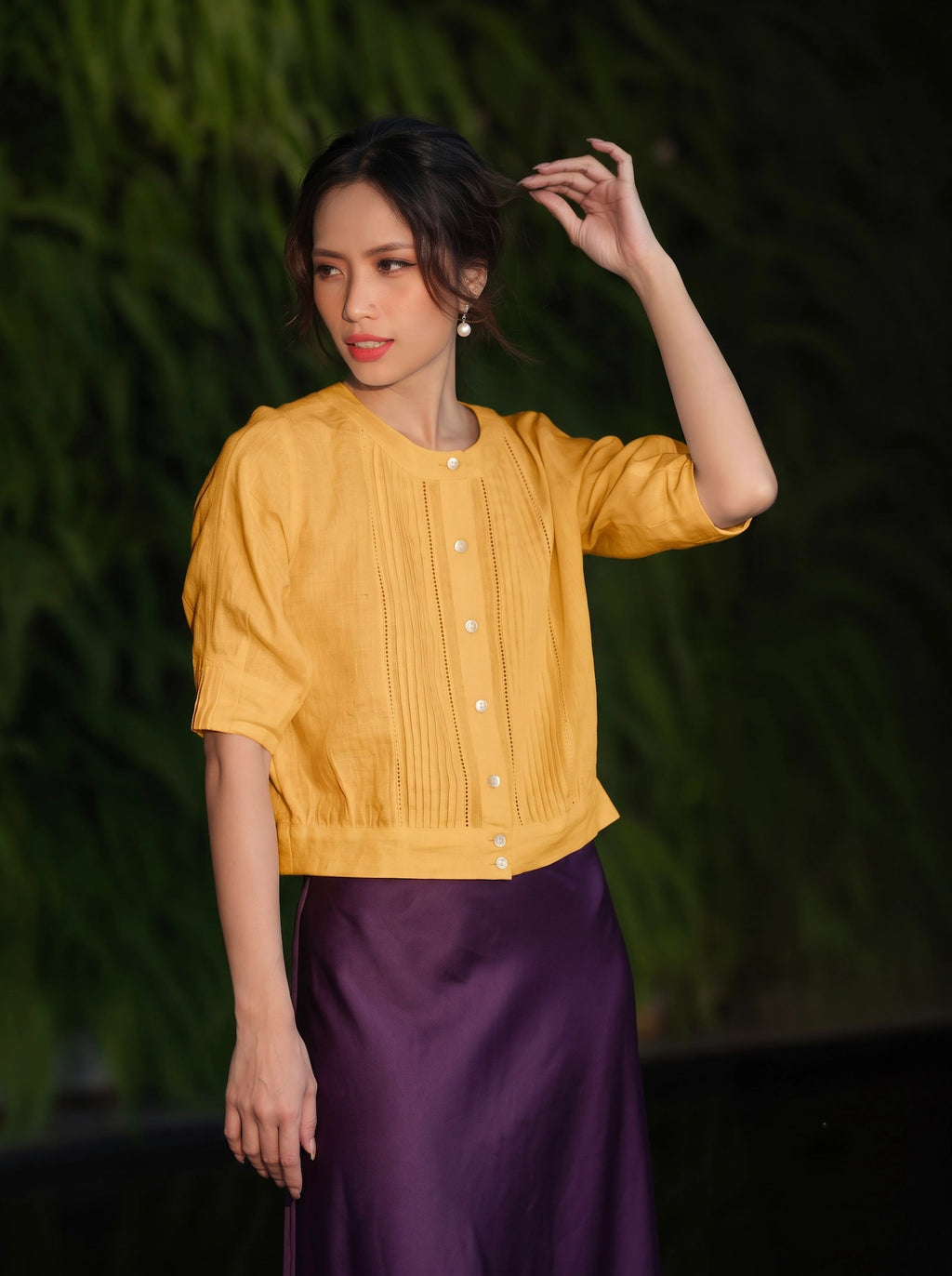Áo linen vàng phong cách vintage thời trang Hity