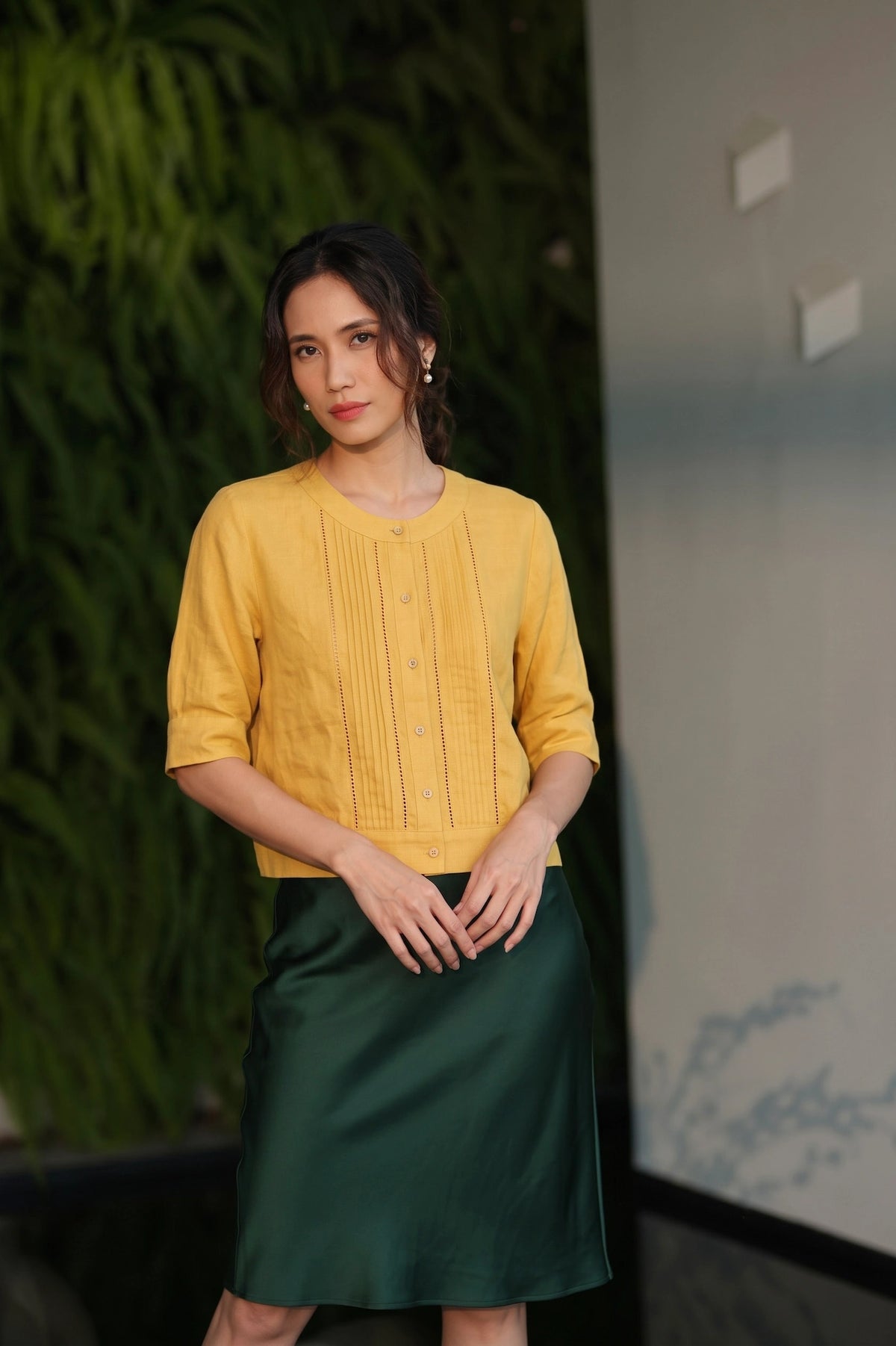 Áo linen vàng phong cách vintage thời trang Hity