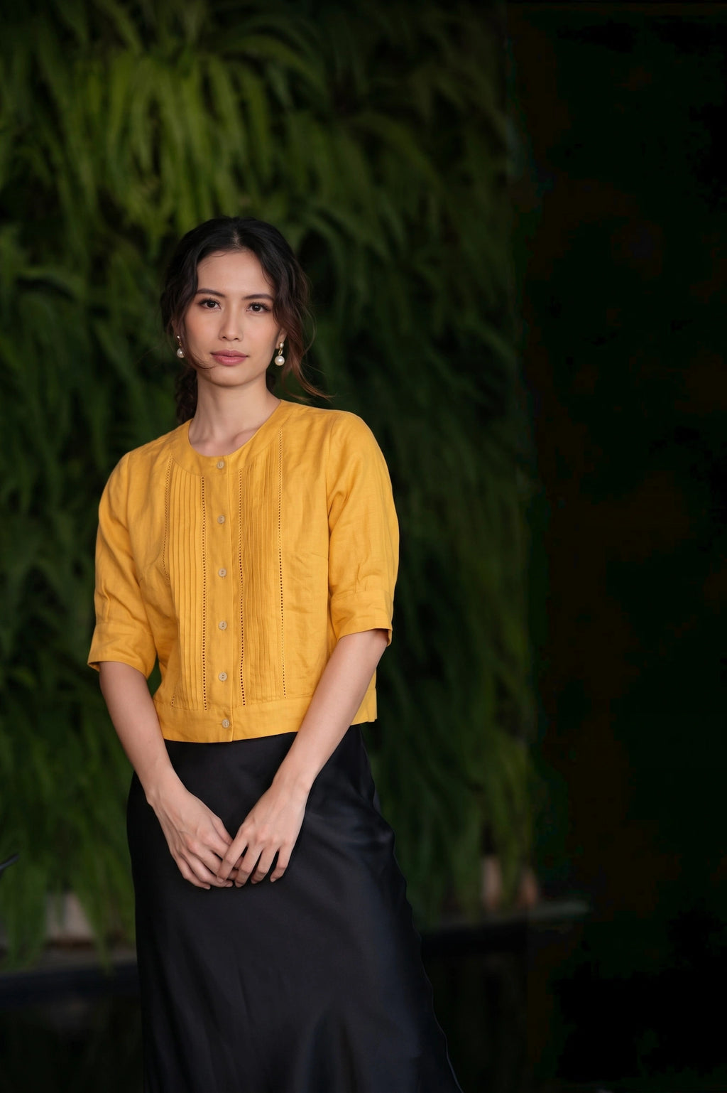 Áo linen vàng phong cách vintage thời trang Hity