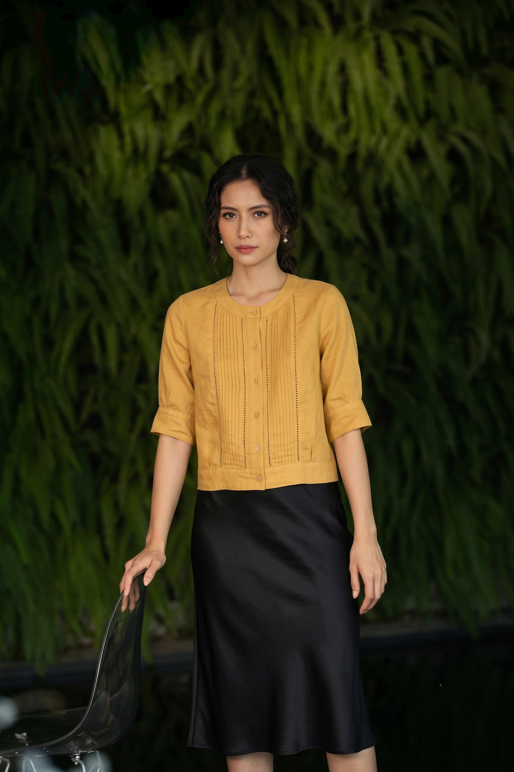 Áo linen vàng phong cách vintage thời trang Hity
