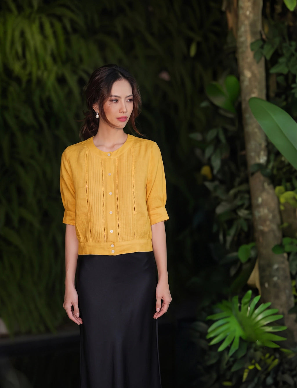 Áo linen vàng phong cách vintage thời trang Hity