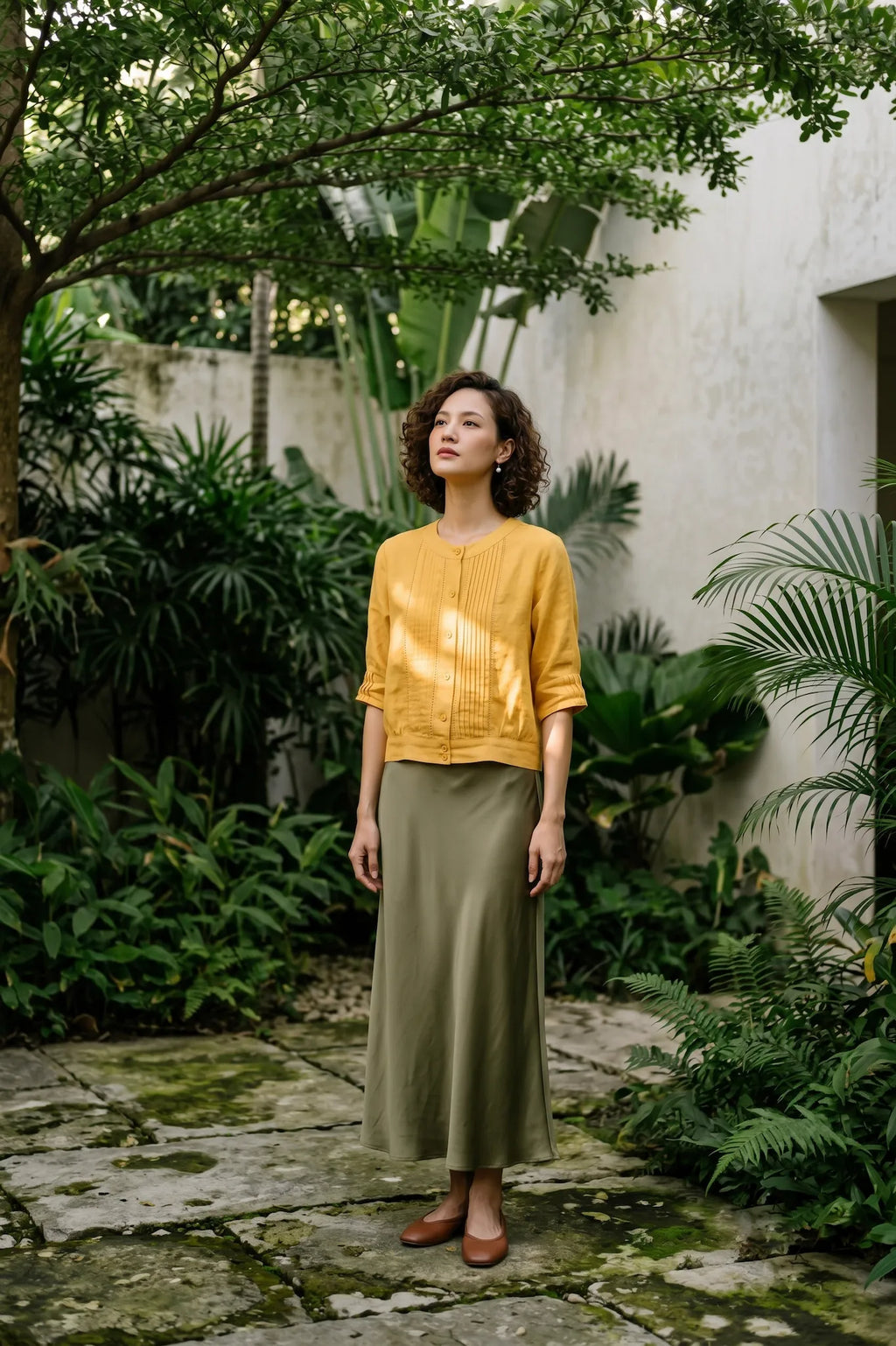 Áo linen vàng phong cách vintage thời trang Hity
