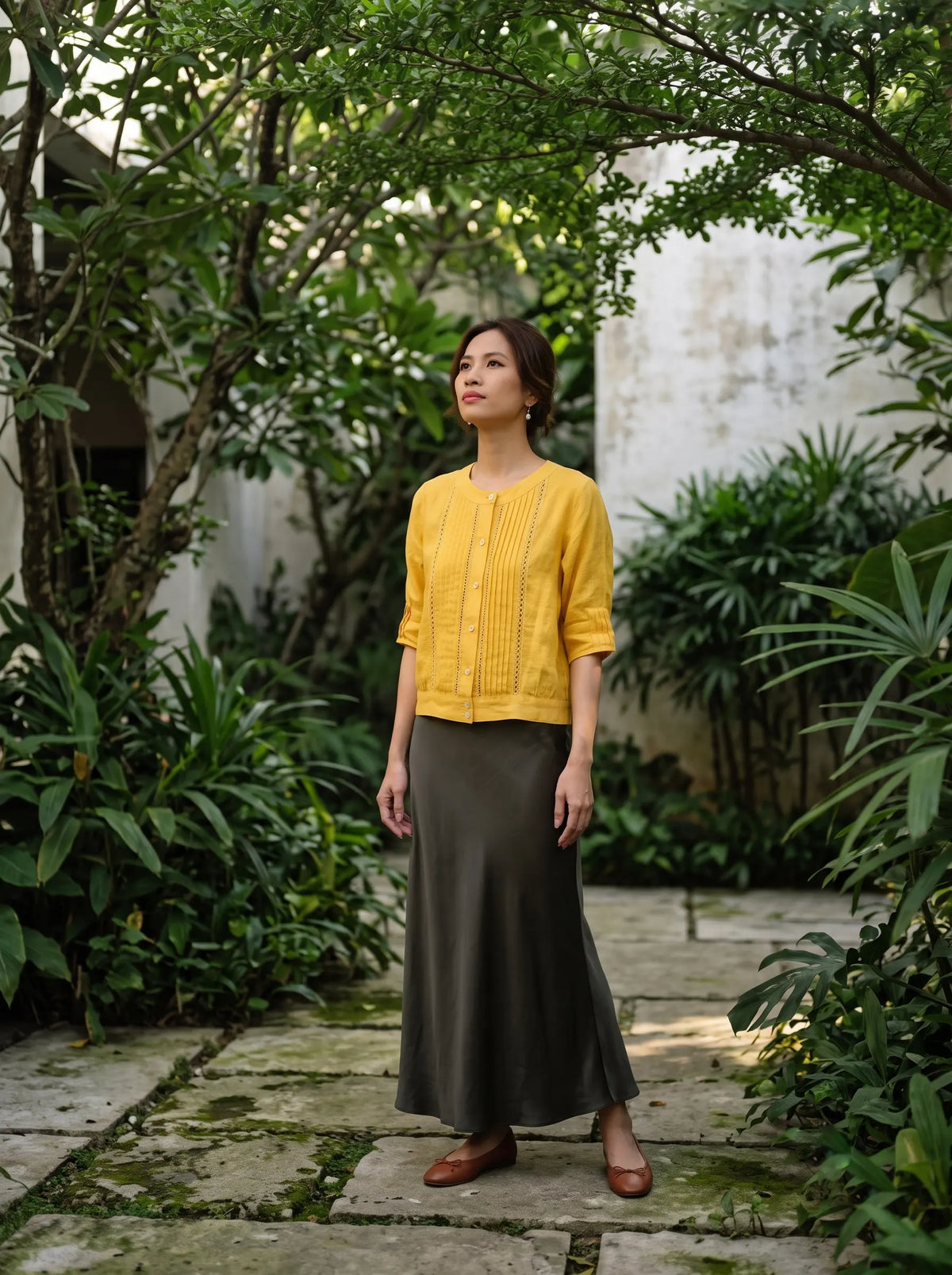 Áo linen vàng phong cách vintage thời trang Hity