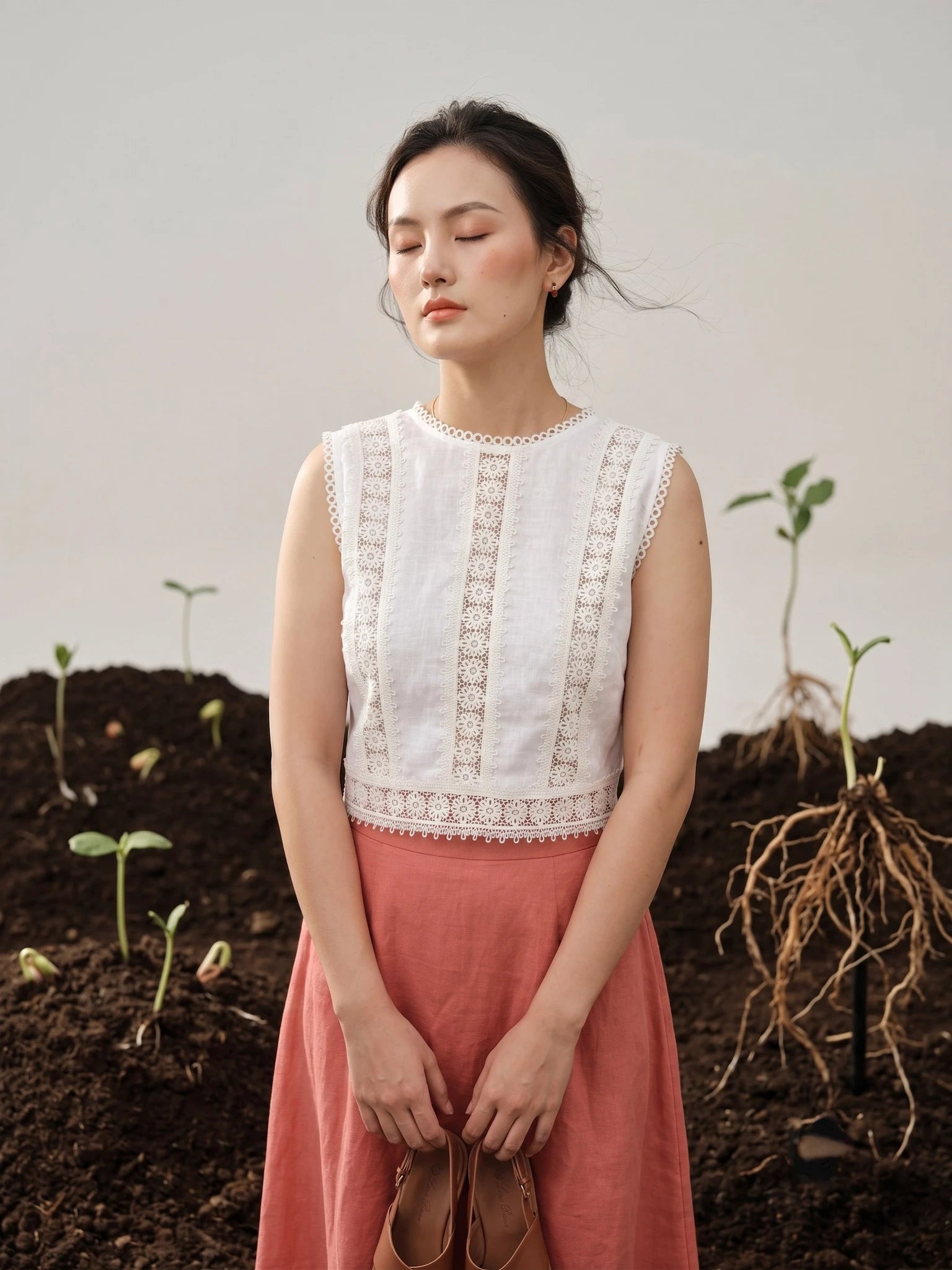Áo ngắn croptop linen trắng phối ren cotton thời trang Hity