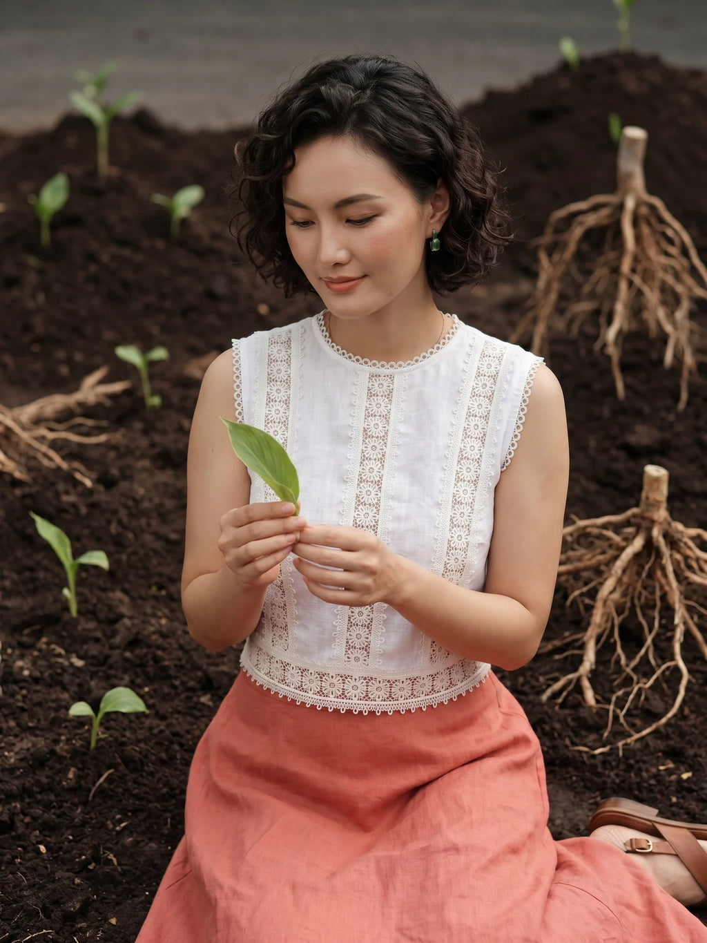 Áo ngắn croptop linen trắng phối ren cotton thời trang Hity