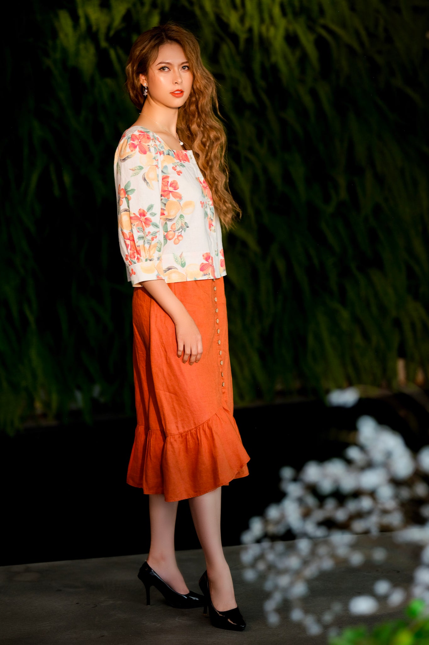 Áo croptop tay phồng linen hoạ tiết hoa thời trang Hity