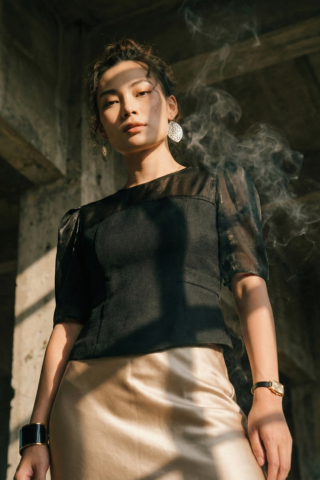 Áo ôm eo peplum tweed đen thời trang Hity