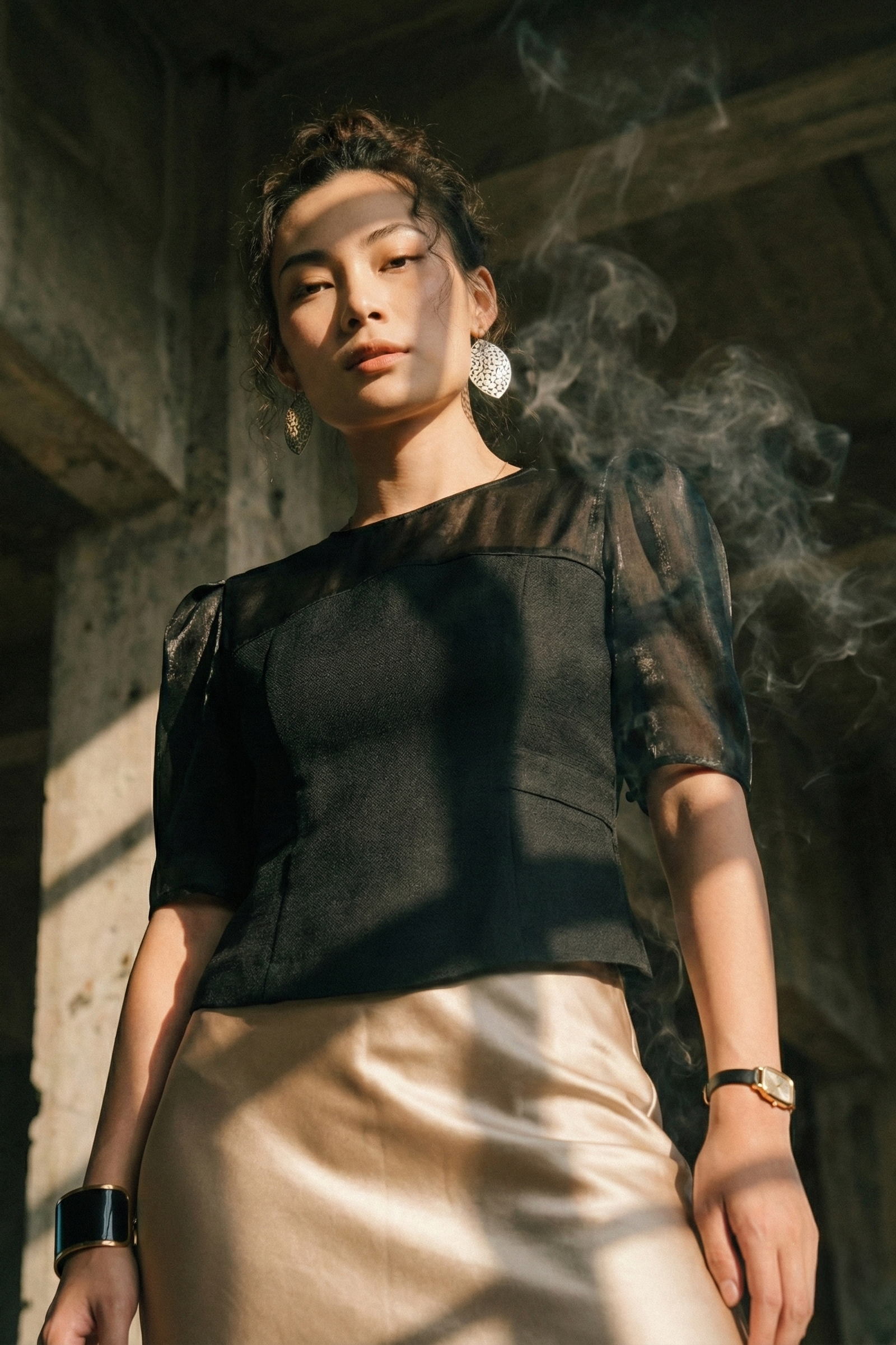 Áo ôm eo peplum tweed đen thời trang Hity