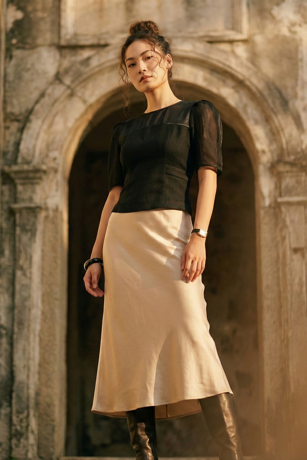 Áo ôm eo peplum tweed đen thời trang Hity