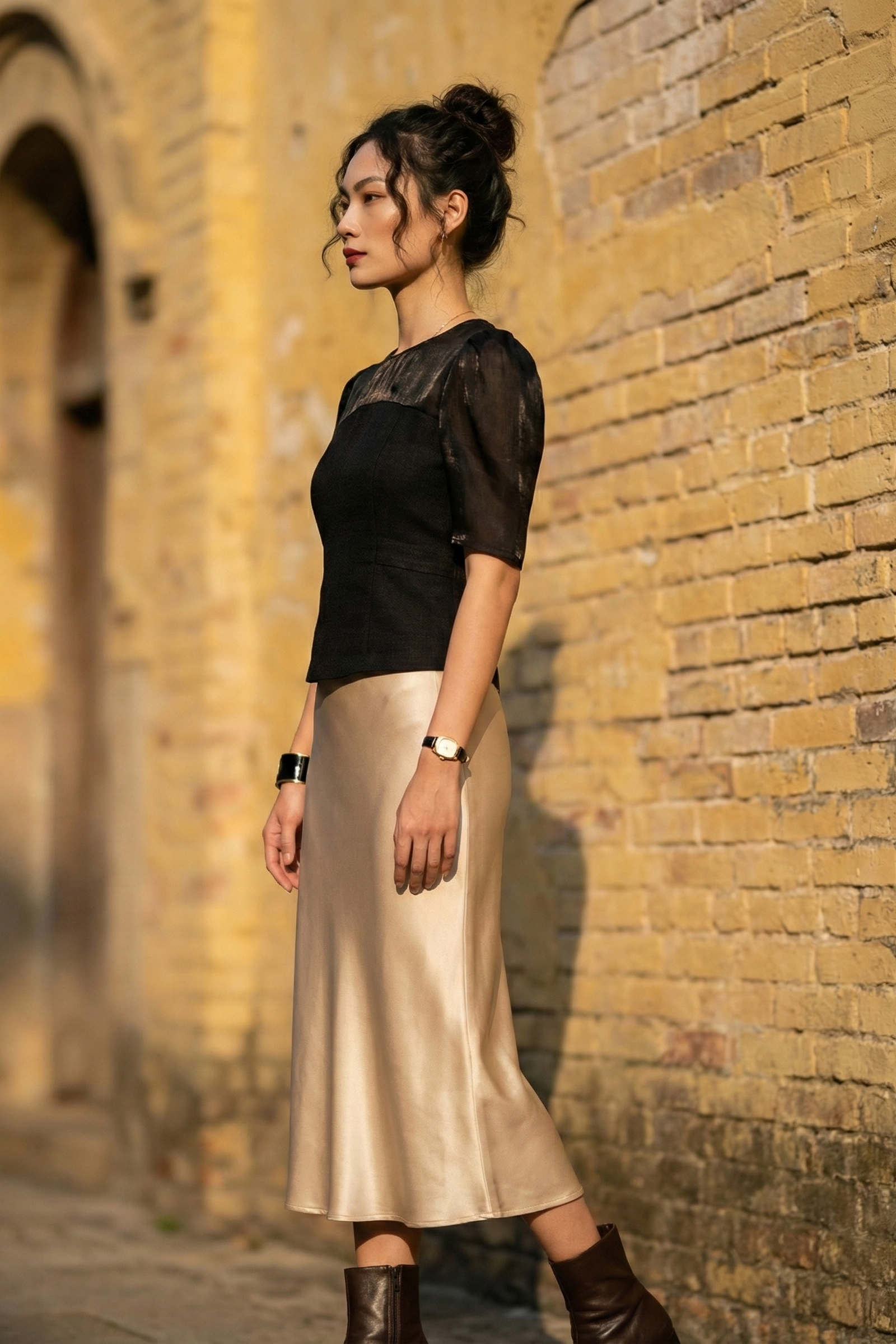 Áo ôm eo peplum tweed đen thời trang Hity