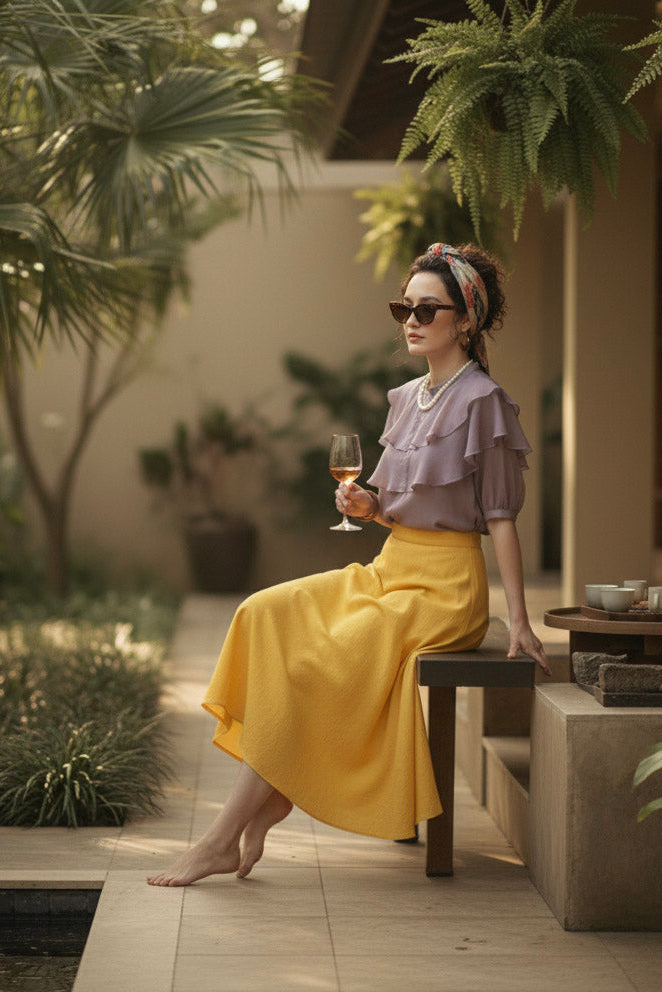 Chây váy midi linen vàng thời trang Hity