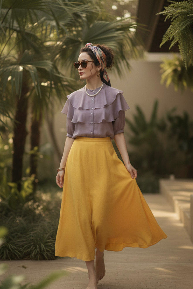Chây váy midi linen vàng thời trang Hity