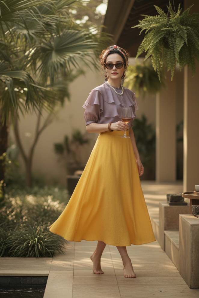 Chây váy midi linen vàng thời trang Hity