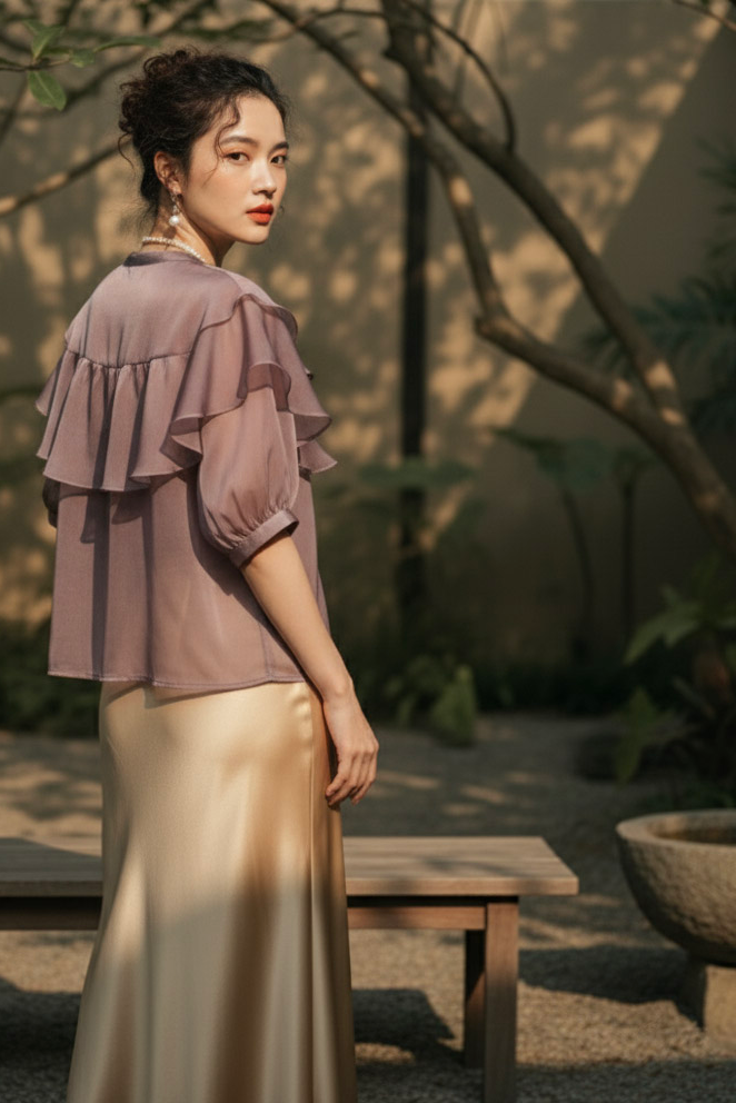 Áo organza tím khói tay phồng thời trang Hity