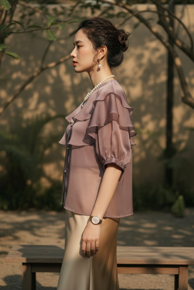 Áo organza tím khói tay phồng thời trang Hity