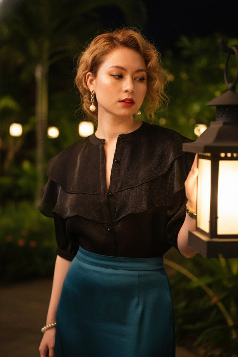 Áo tay phồng xuyên thấu organza đen thời trang Hity