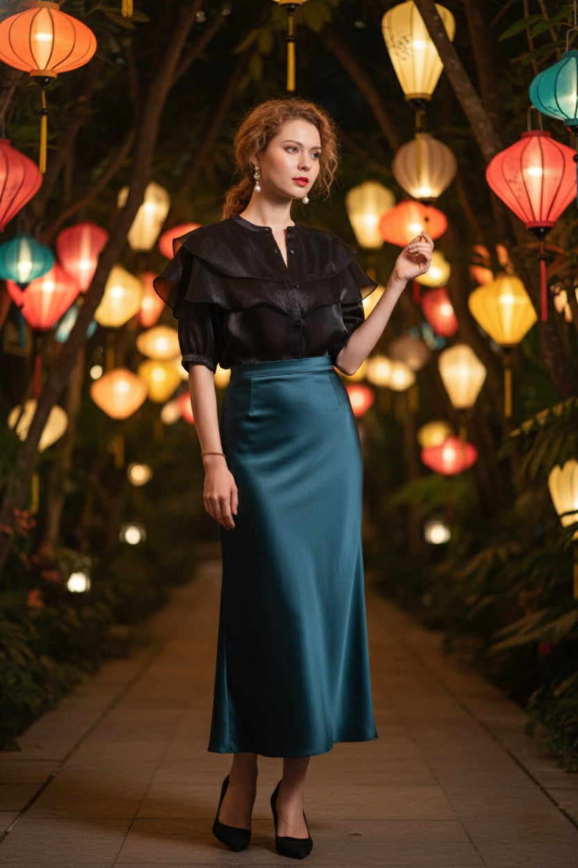 Áo tay phồng xuyên thấu organza đen thời trang Hity