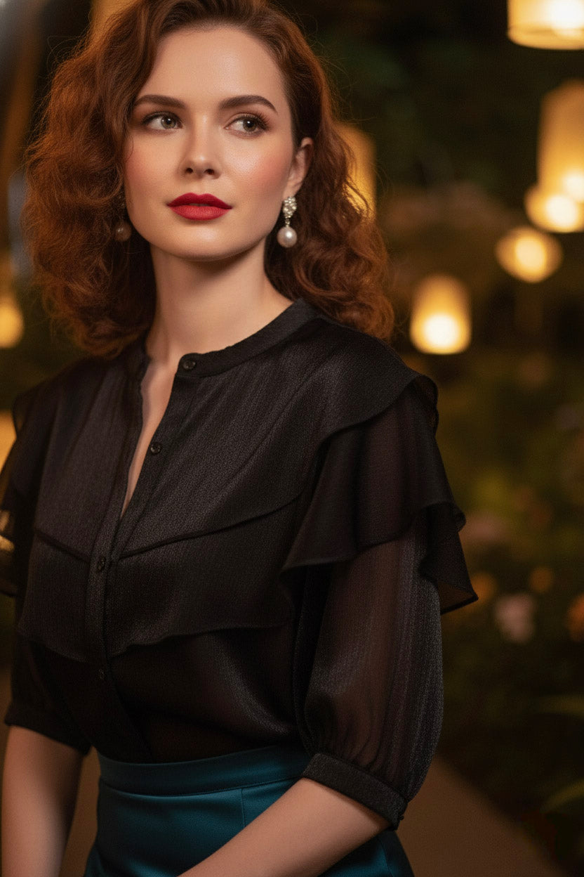 Áo tay phồng xuyên thấu organza đen thời trang Hity