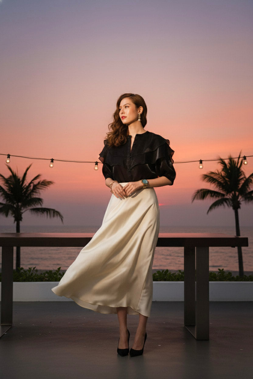 Áo tay phồng xuyên thấu organza đen thời trang Hity