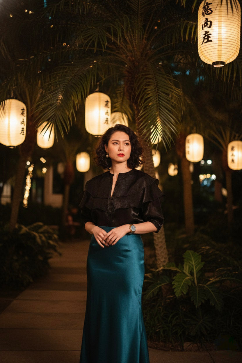 Áo tay phồng xuyên thấu organza đen thời trang Hity