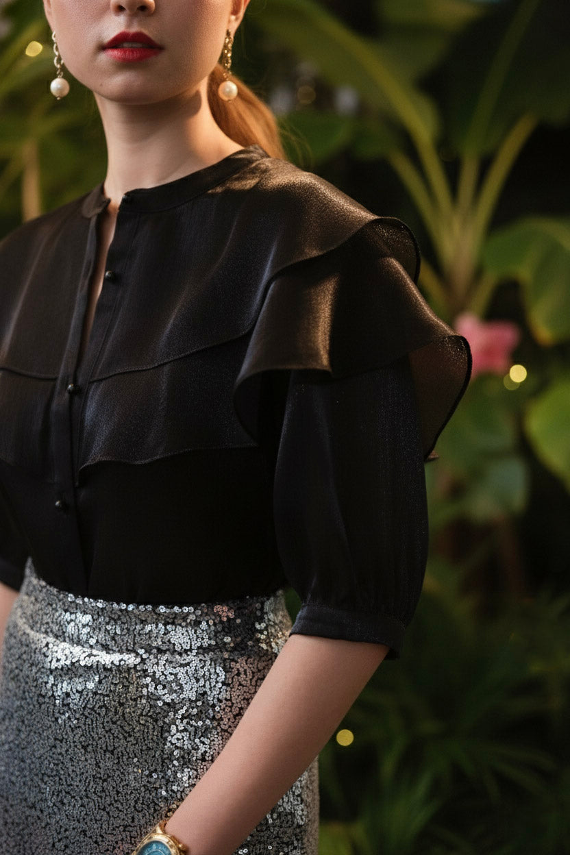 Áo tay phồng xuyên thấu organza đen thời trang Hity