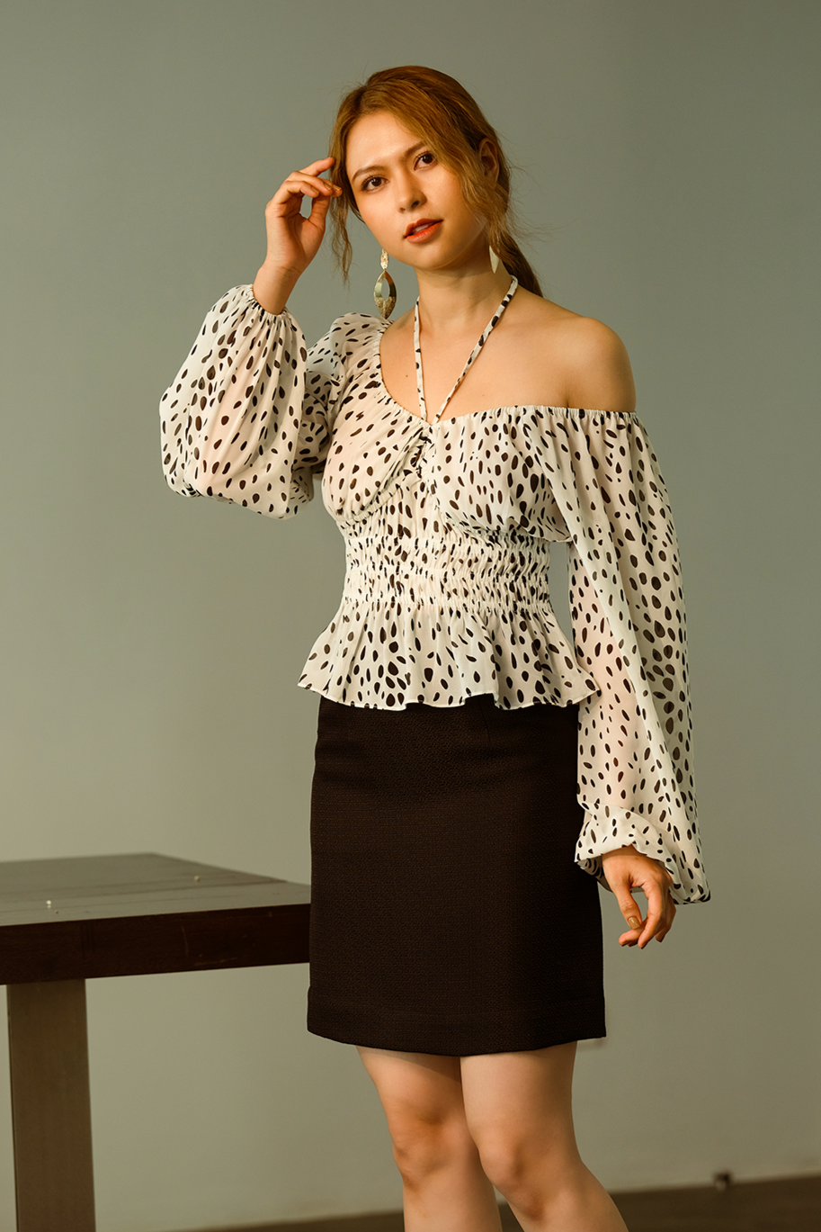 Áo peplum trễ vai chiffon chấm bi polka dots thời trang Hity