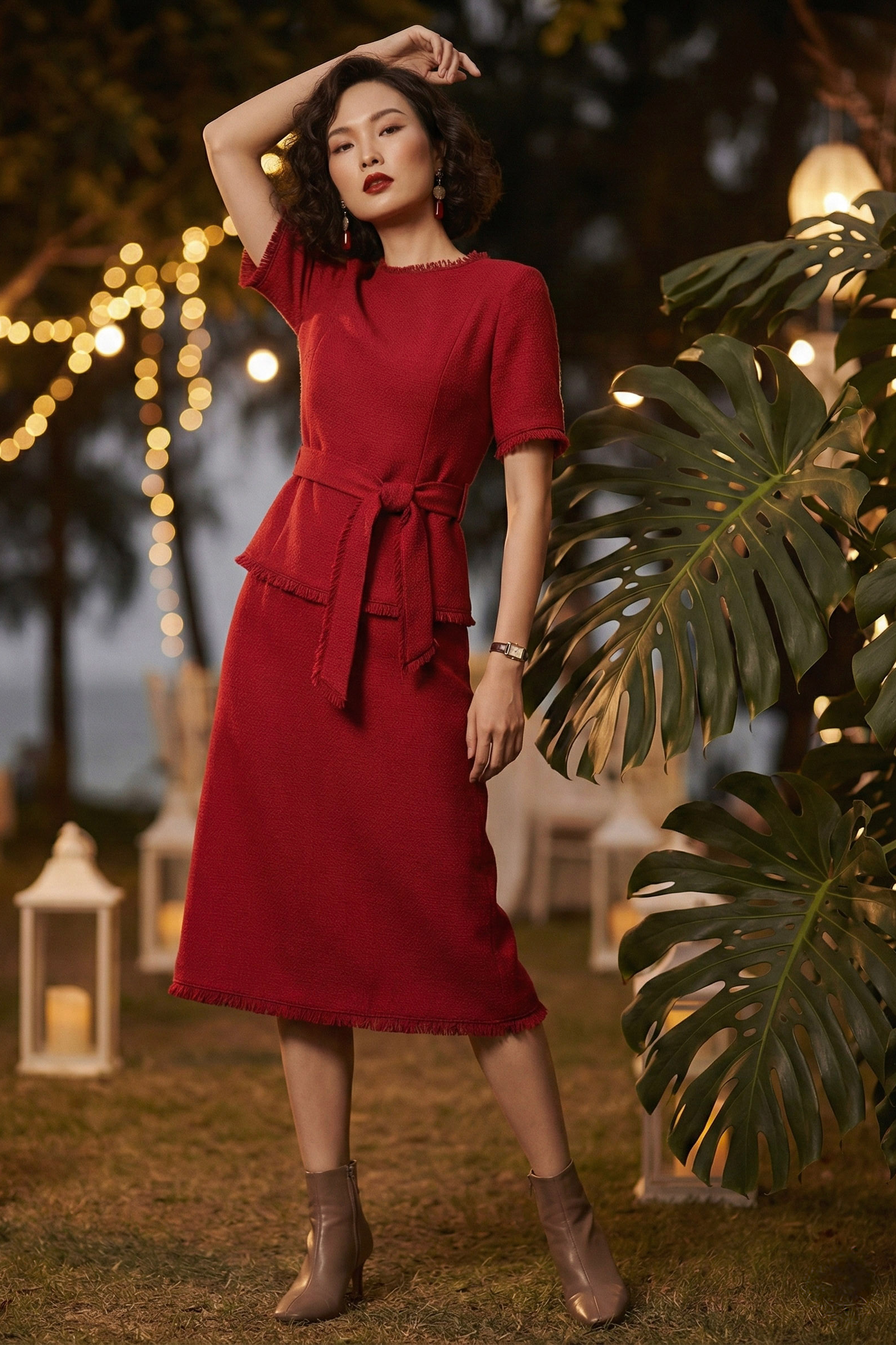 Áo thắt eo peplum tweed đỏ thời trang Hity