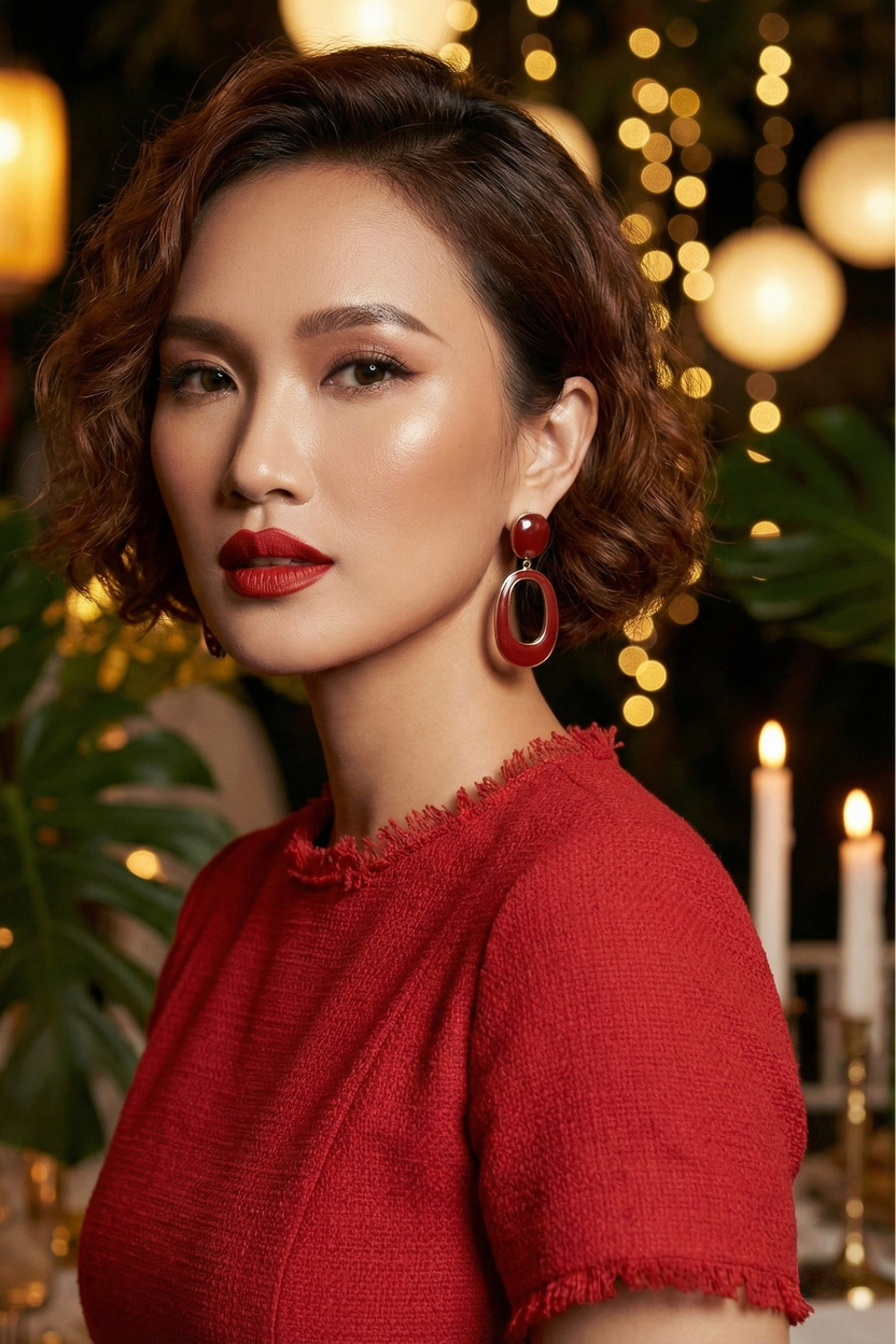 Áo thắt eo peplum tweed đỏ thời trang Hity