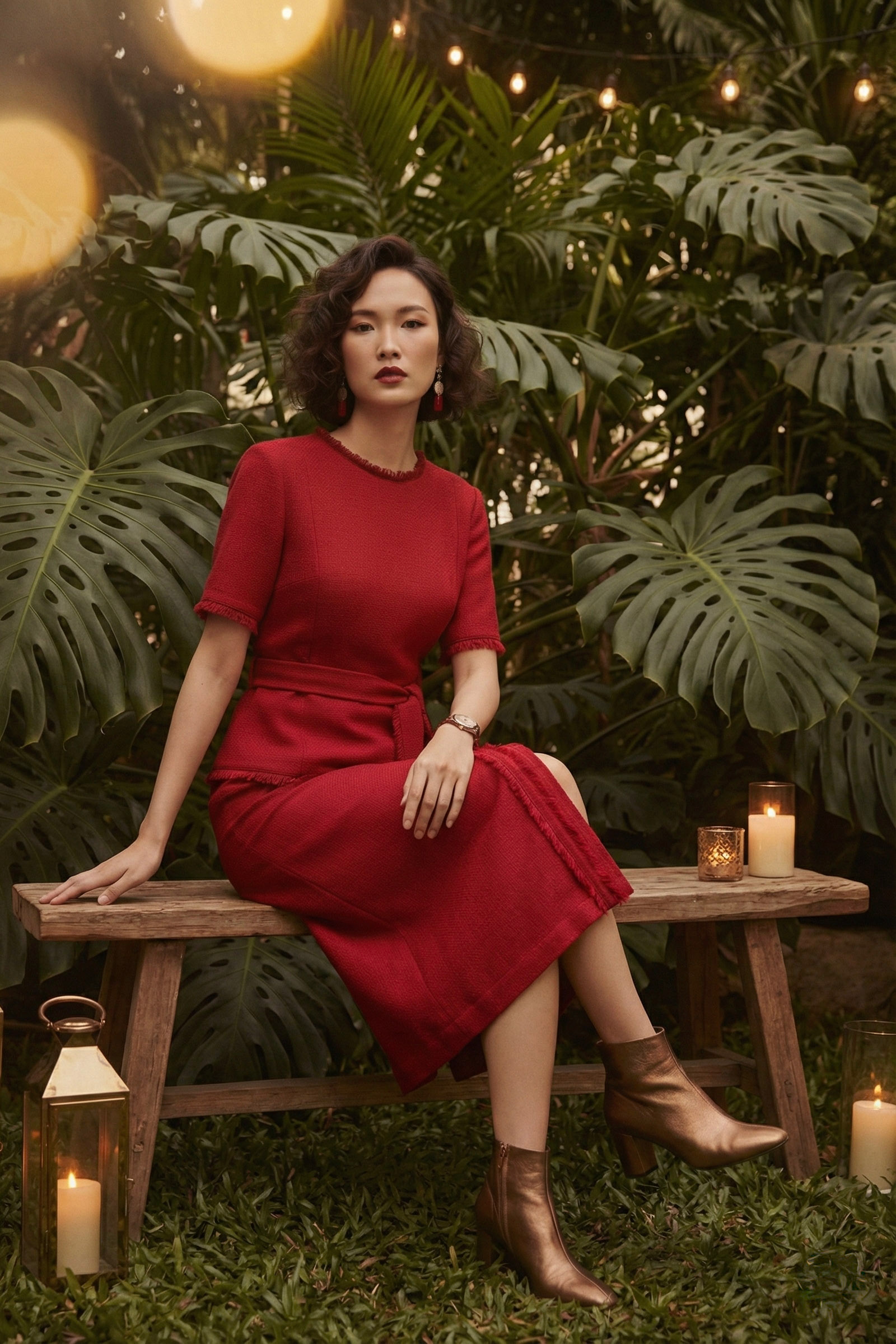 Áo thắt eo peplum tweed đỏ thời trang Hity