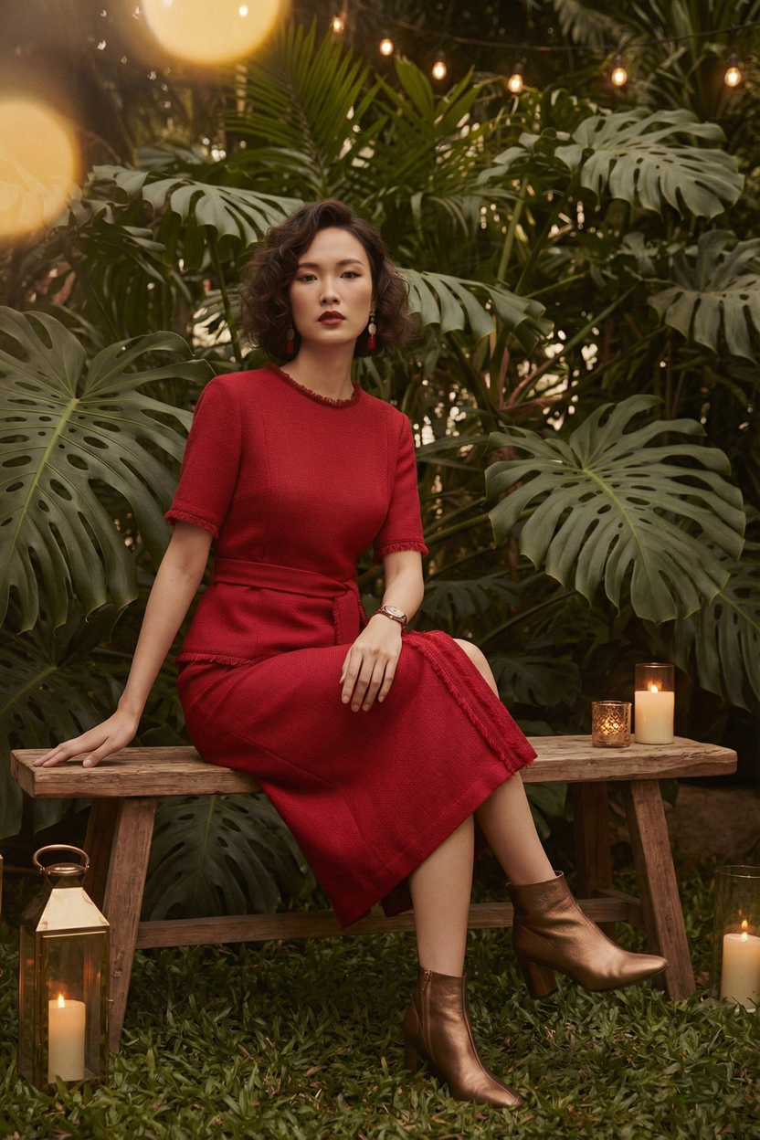 Áo thắt eo peplum tweed đỏ thời trang Hity