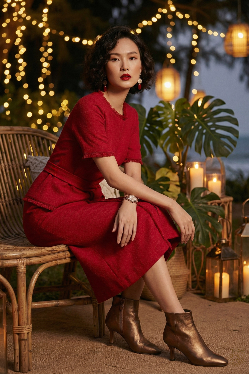 Áo thắt eo peplum tweed đỏ thời trang Hity