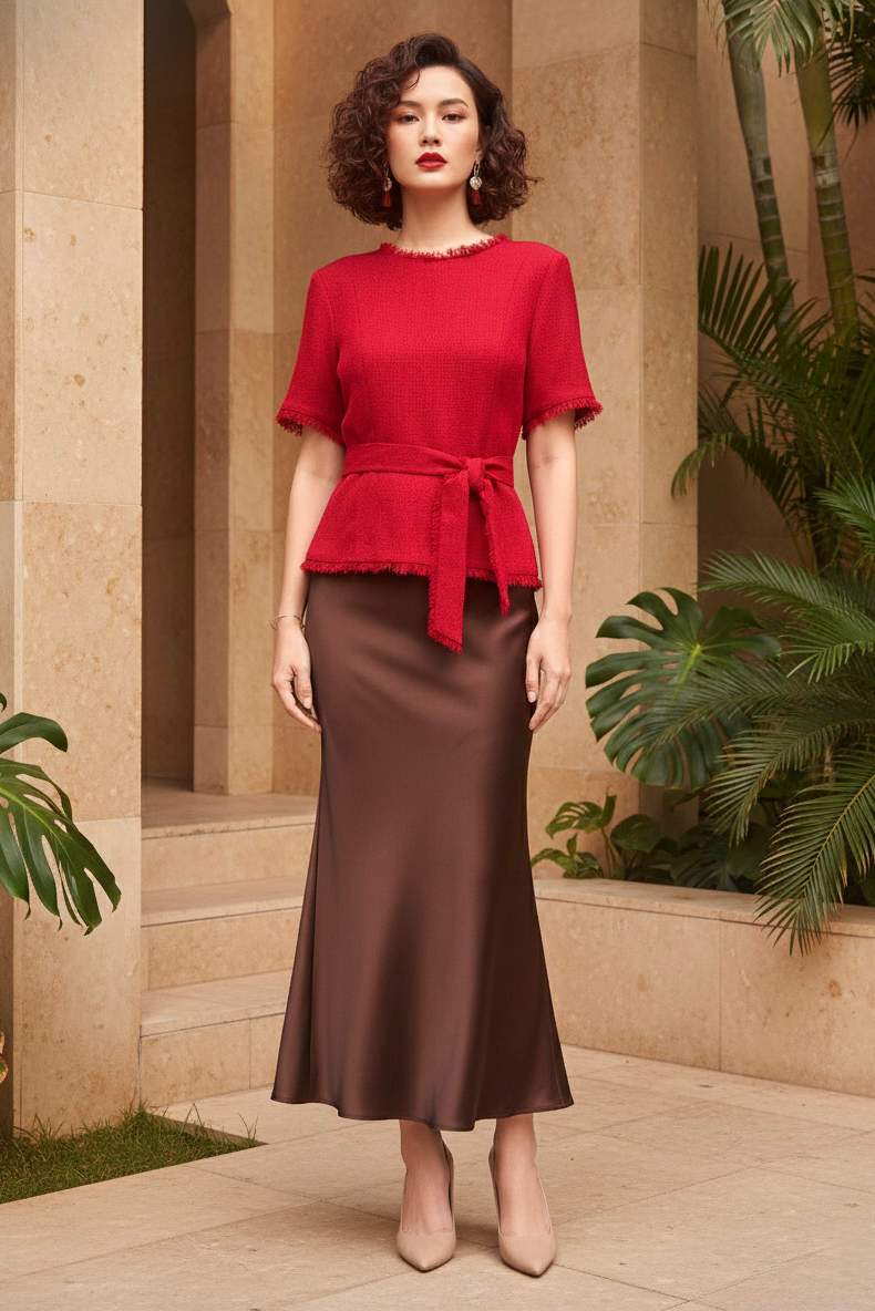 Áo thắt eo peplum tweed đỏ thời trang Hity