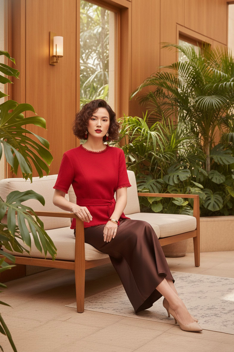 Áo thắt eo peplum tweed đỏ thời trang Hity