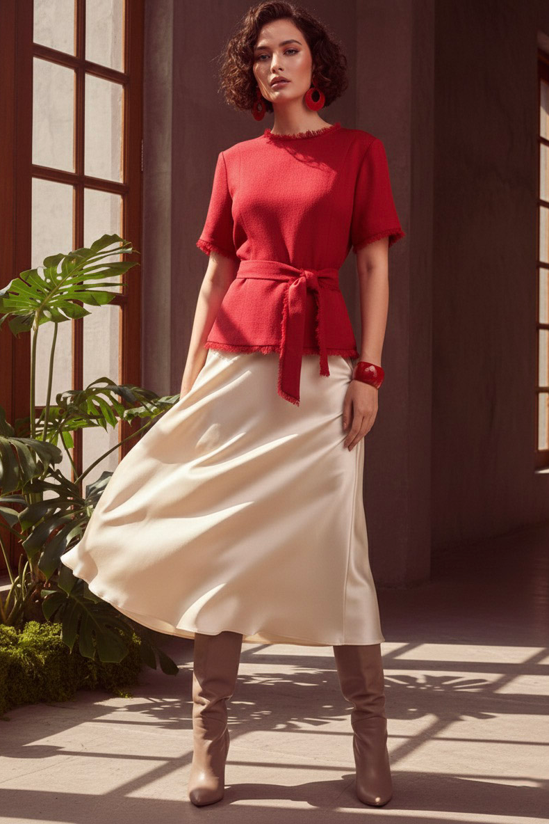 Áo thắt eo peplum tweed đỏ thời trang Hity