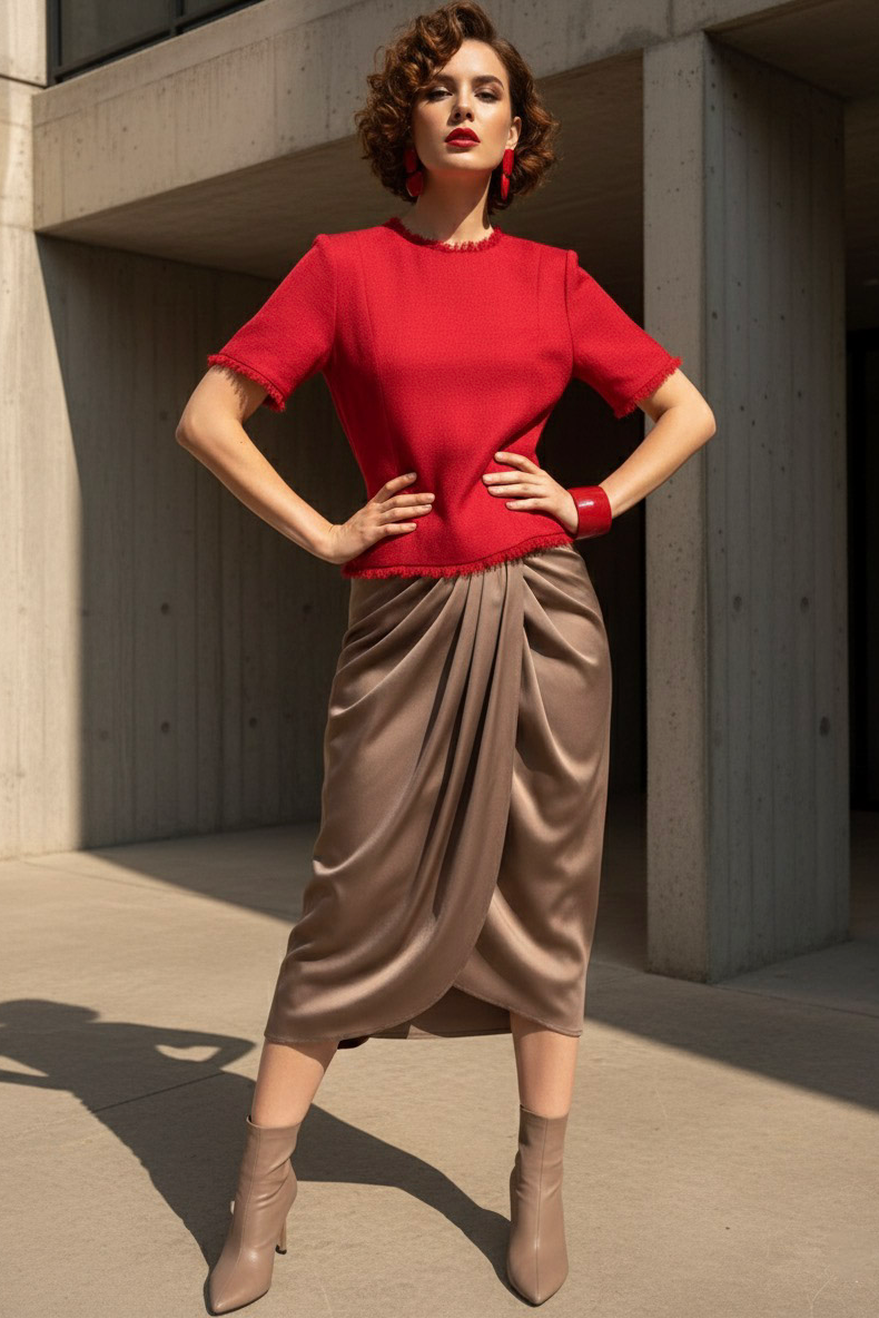 Áo thắt eo peplum tweed đỏ thời trang Hity