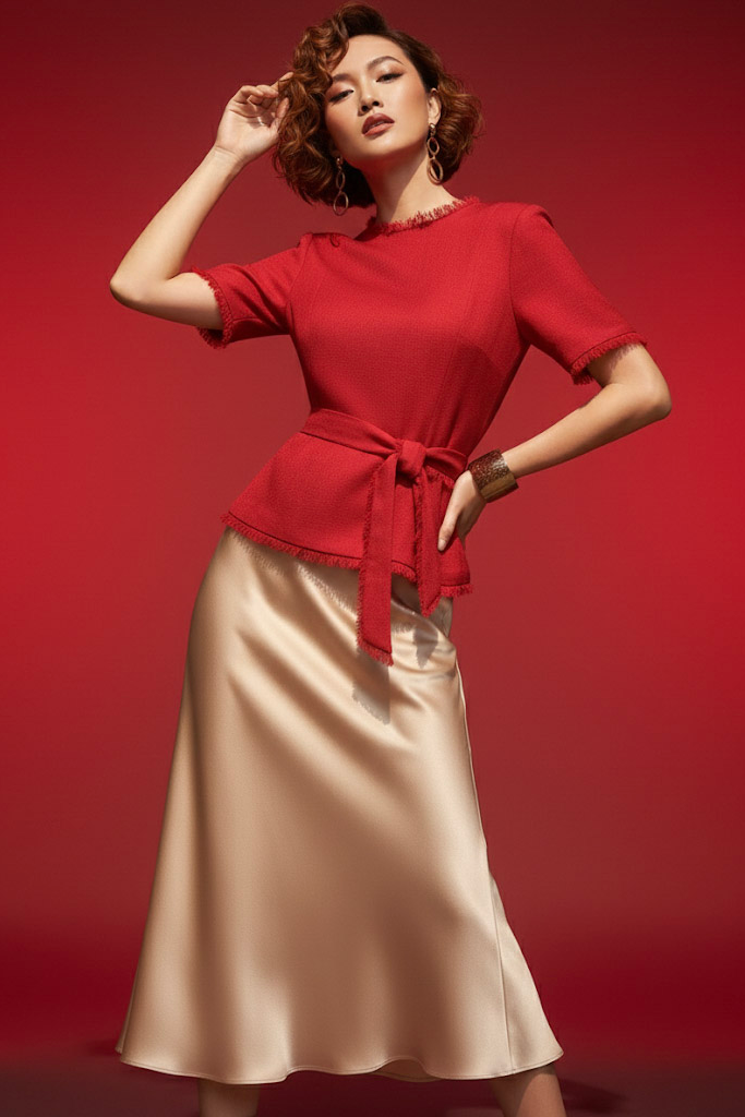 Áo thắt eo peplum tweed đỏ thời trang Hity