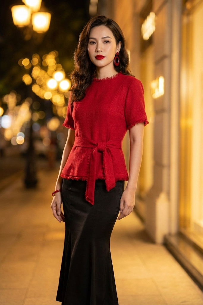 Áo thắt eo peplum tweed đỏ thời trang Hity