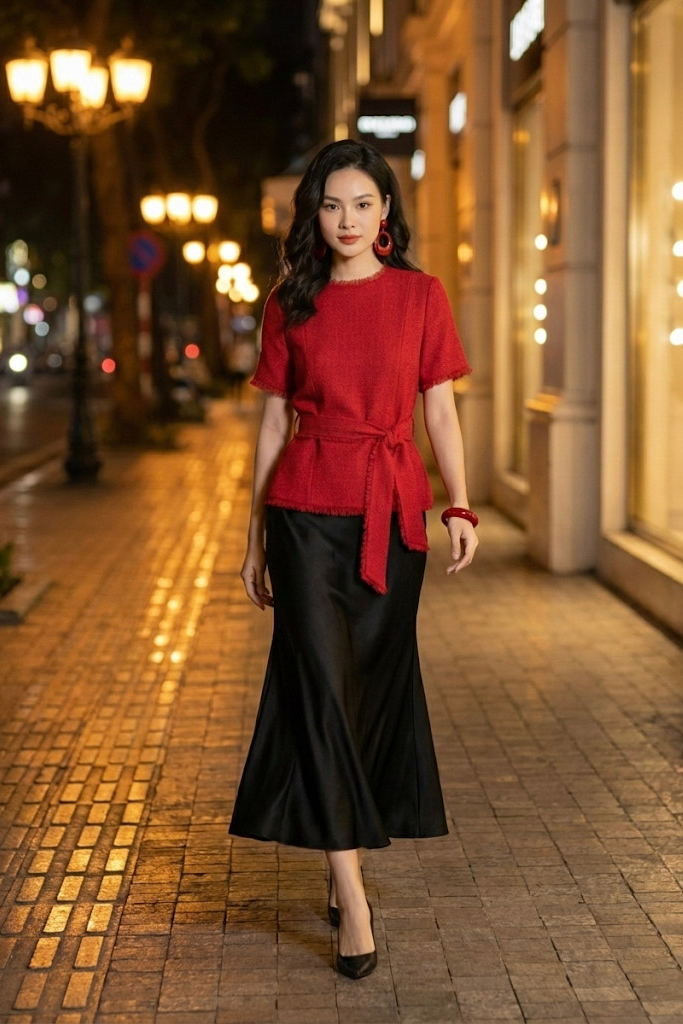 Áo thắt eo peplum tweed đỏ thời trang Hity