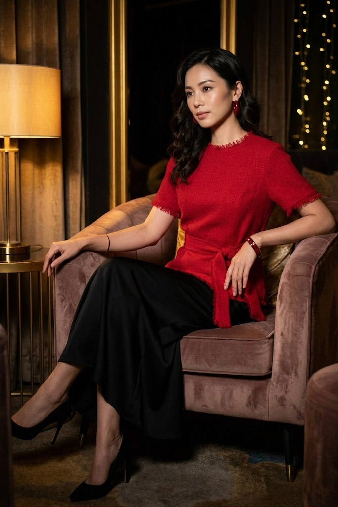 Áo thắt eo peplum tweed đỏ thời trang Hity