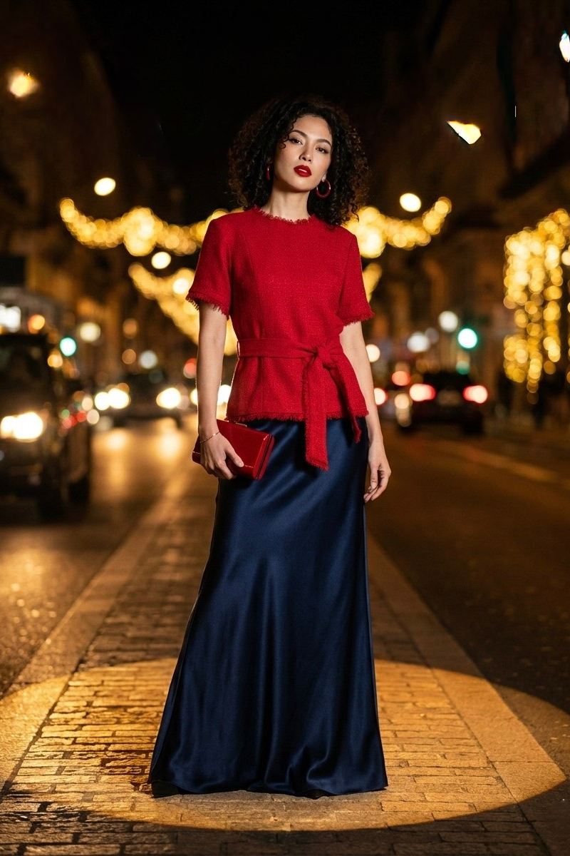 Áo thắt eo peplum tweed đỏ thời trang Hity