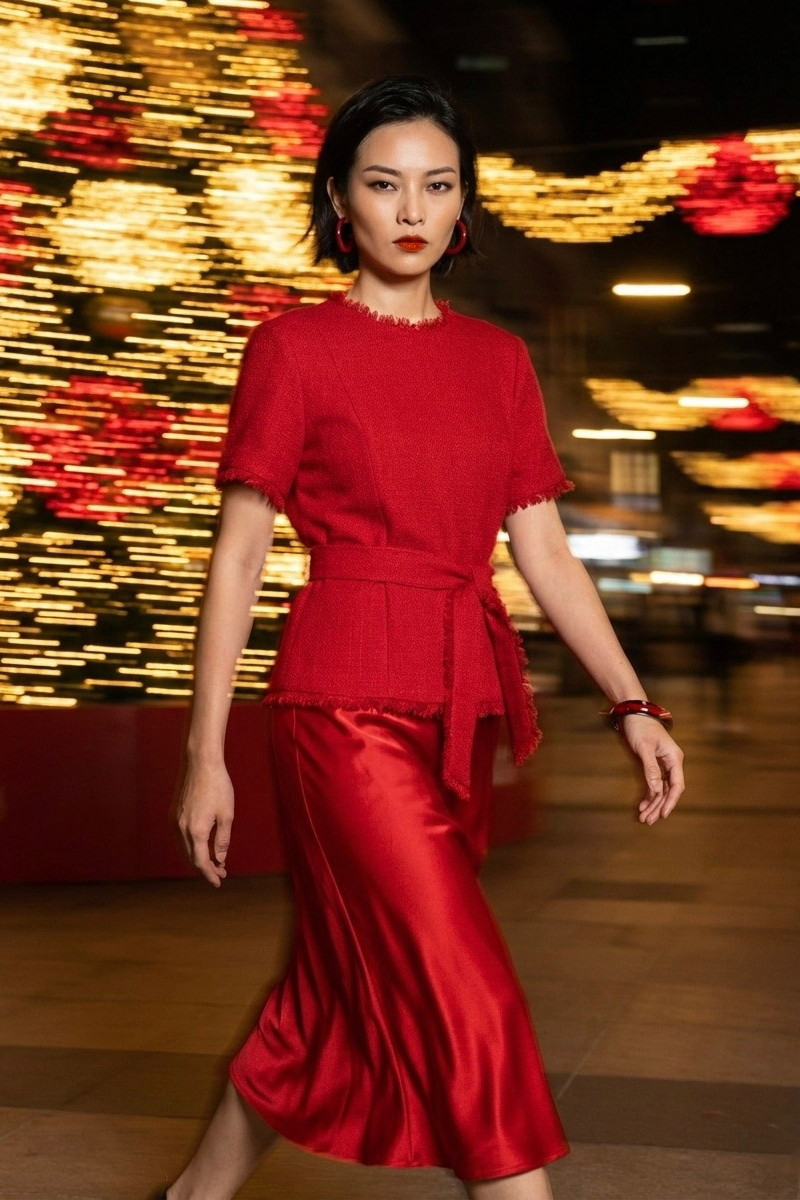 Áo thắt eo peplum tweed đỏ thời trang Hity