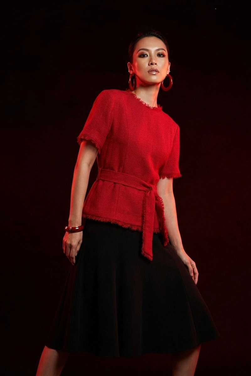 Áo thắt eo peplum tweed đỏ thời trang Hity