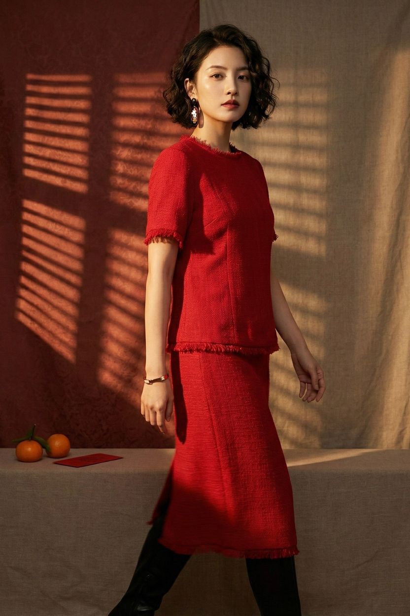 Áo thắt eo peplum tweed đỏ thời trang Hity