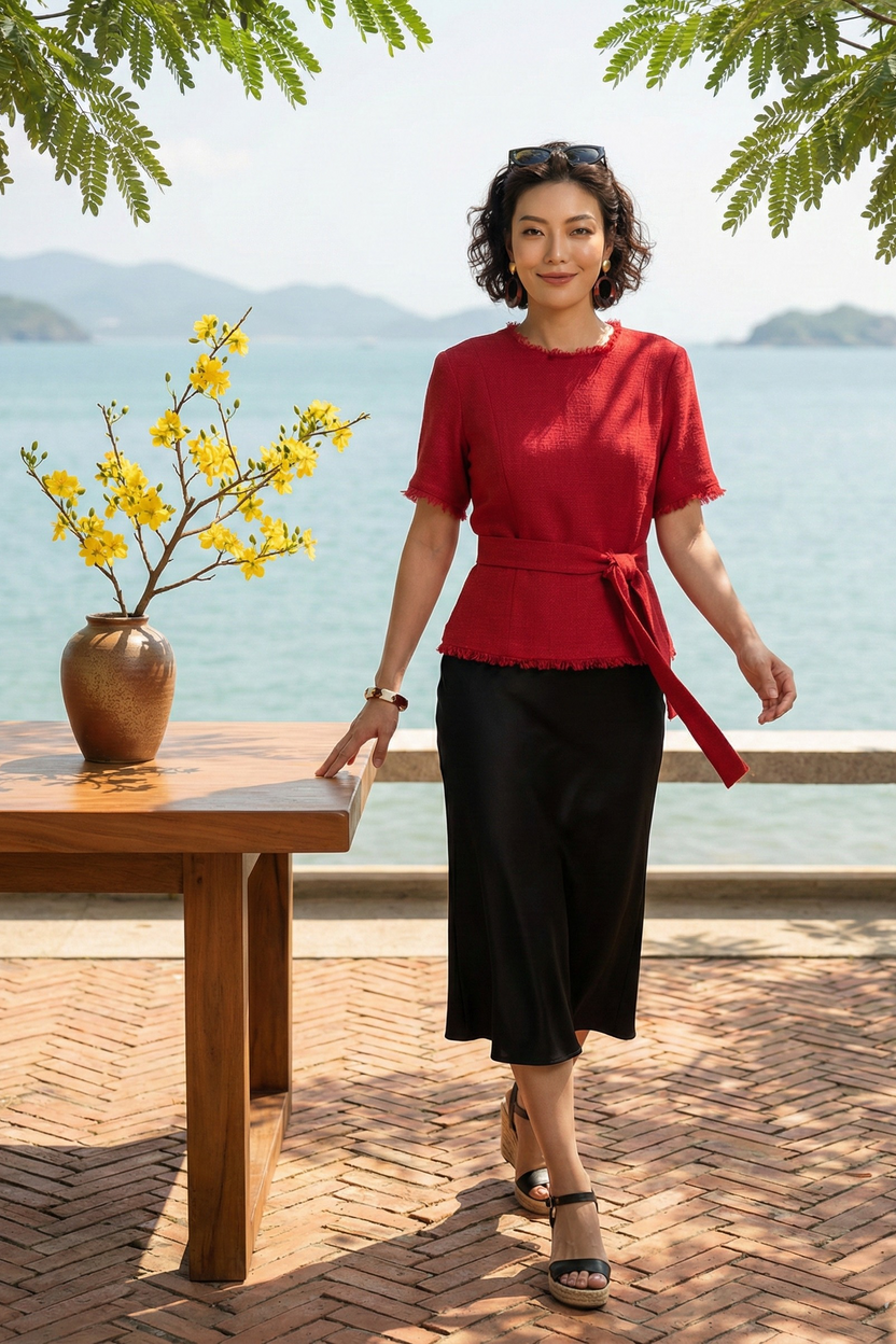 Áo thắt eo peplum tweed đỏ thời trang Hity