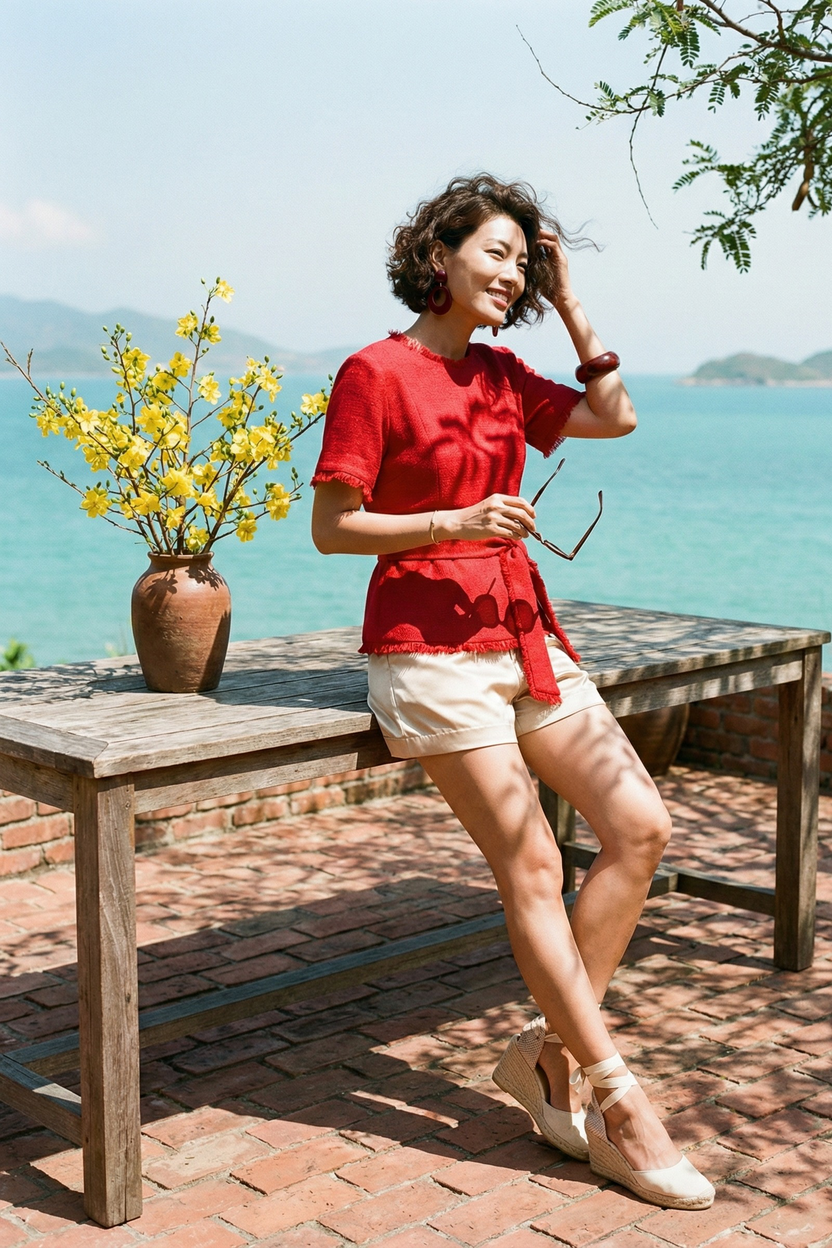 Áo thắt eo peplum tweed đỏ thời trang Hity