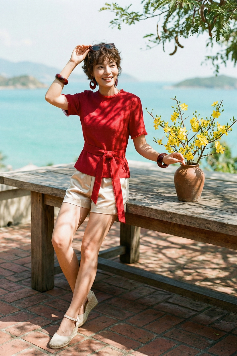 Áo thắt eo peplum tweed đỏ thời trang Hity